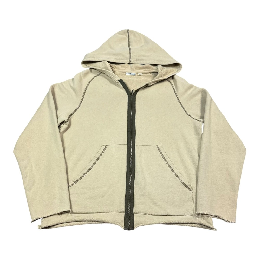 Vintage 200s Express Boxy Tan Full Zip Hoodie Sweatshirt Women's Medium FLAWS